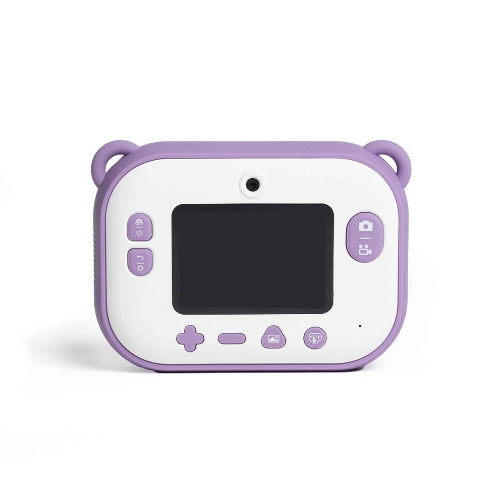 3. Back view of purple Hoppstar camera showing screen and buttons on white background