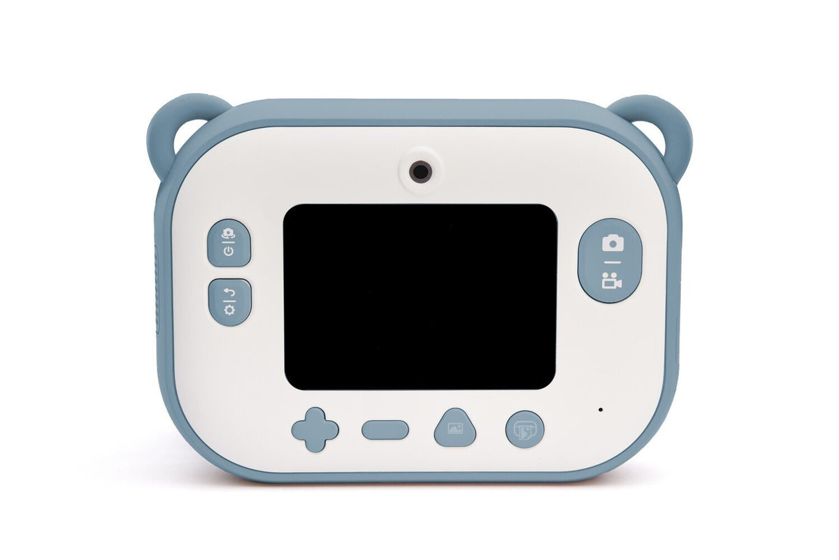 3. Back view of blue Hoppstar camera showing screen and buttons on white background