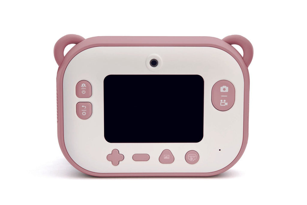 3. Back view of pink Hoppstar camera showing screen and buttons on white background