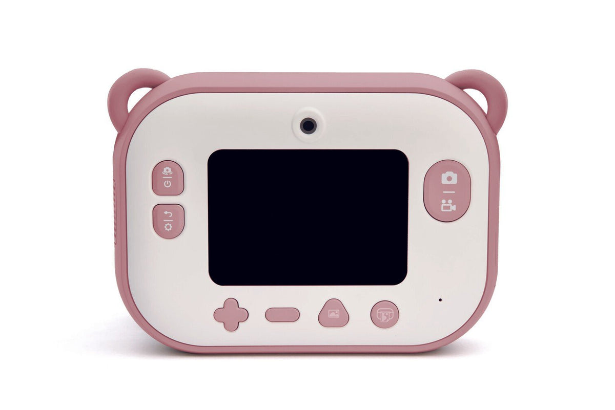 3. Back view of pink Hoppstar camera showing screen and buttons on white background