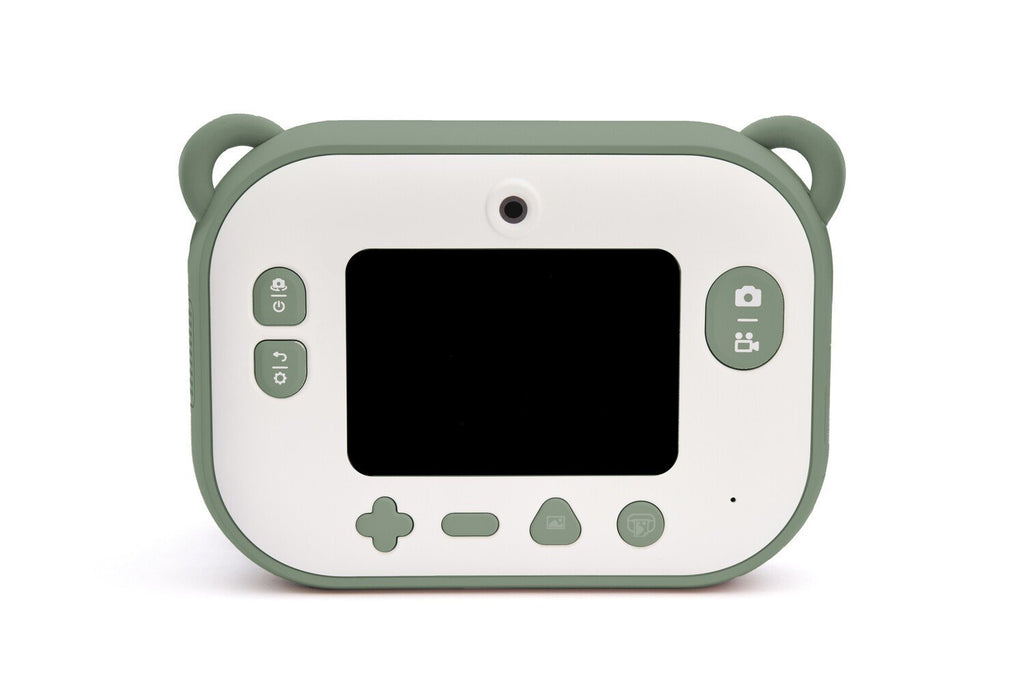 3. Back view of green Hoppstar camera showing screen and buttons on white background