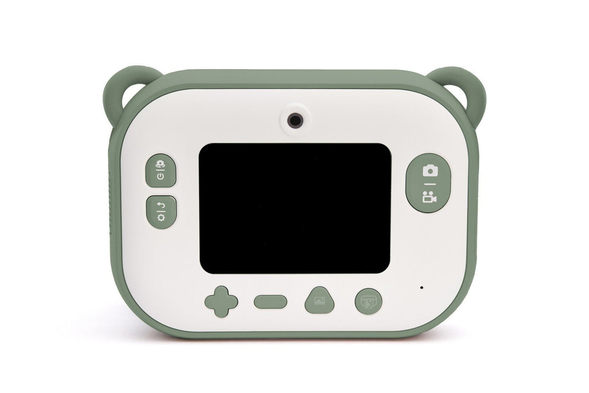 3. Back view of green Hoppstar camera showing screen and buttons on white background