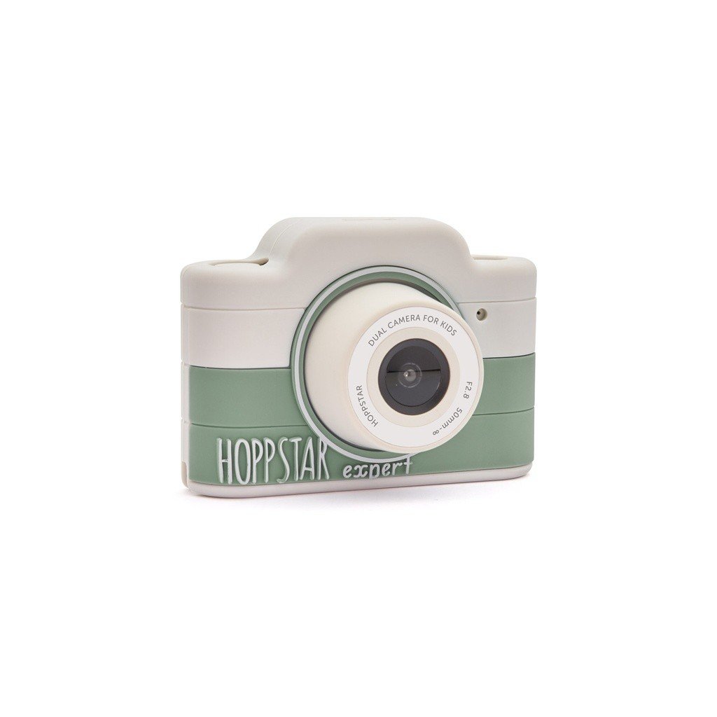 2. Green and white Hoppstar Expert children's camera with silicone cover, angled view on white background
