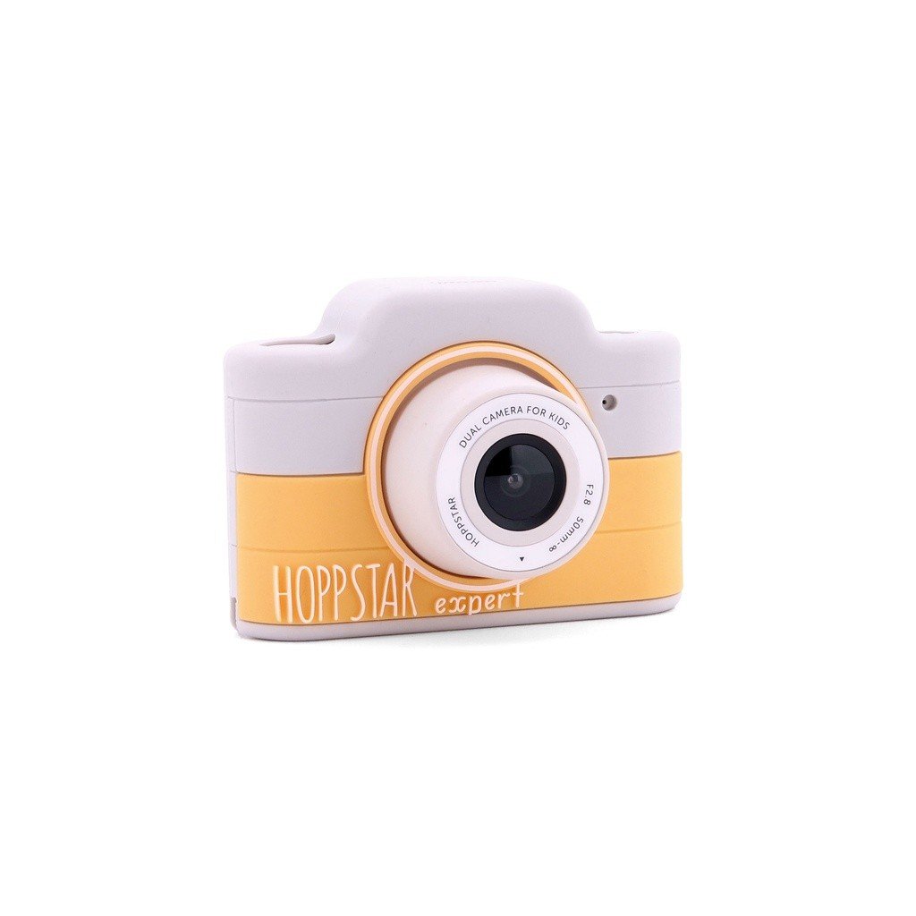 2. Yellow and white Hoppstar Expert children's camera with silicone cover, angled view on white background