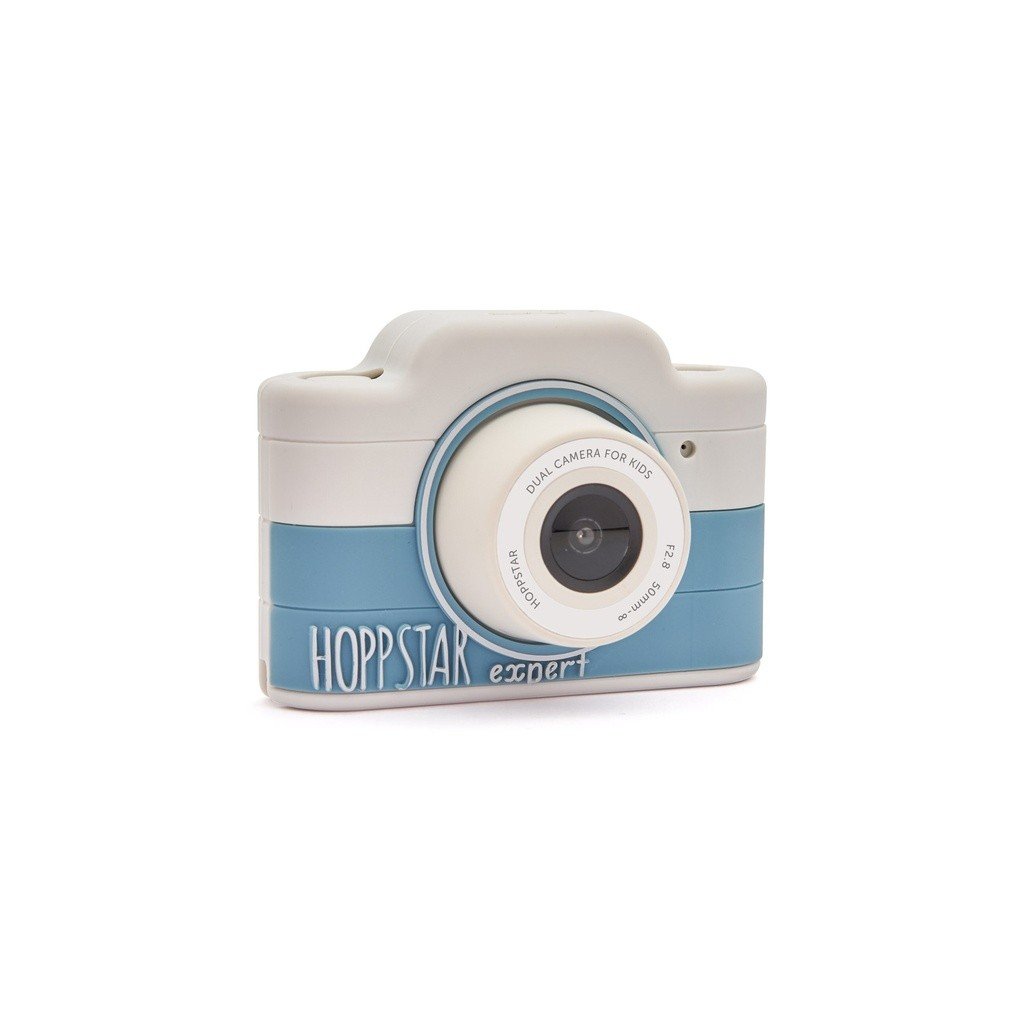 2. Blue and white Hoppstar Expert children's camera with silicone cover, angled view on white background