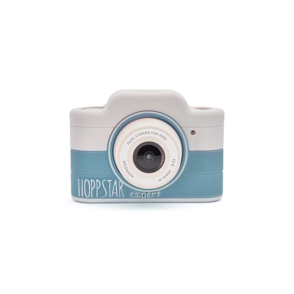 2. Blue and white Hoppstar Expert children's camera with silicone cover on white background