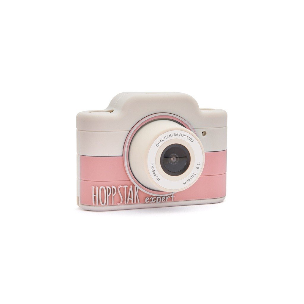 2. Pink and white Hoppstar Expert children's camera with silicone cover, angled view on white background