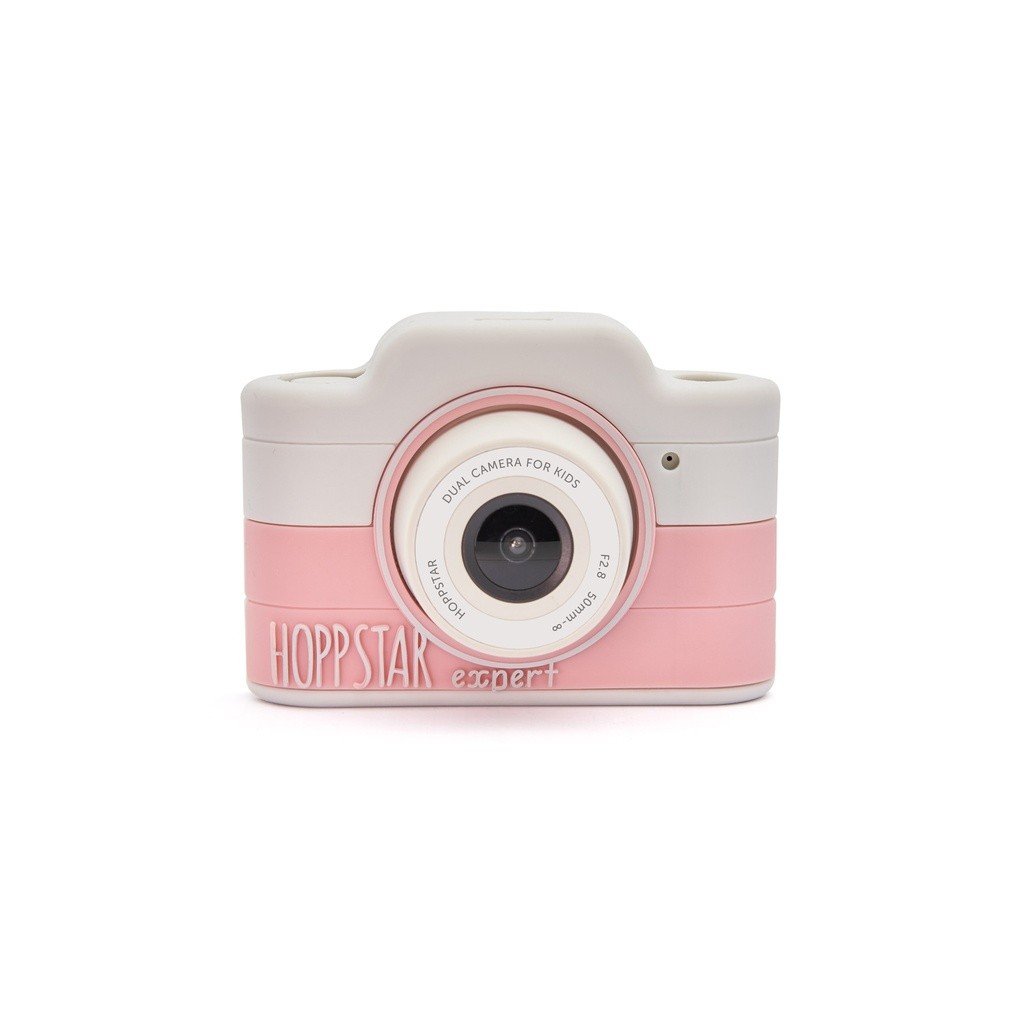 2. Pink and white Hoppstar Expert children's camera with silicone cover on white background