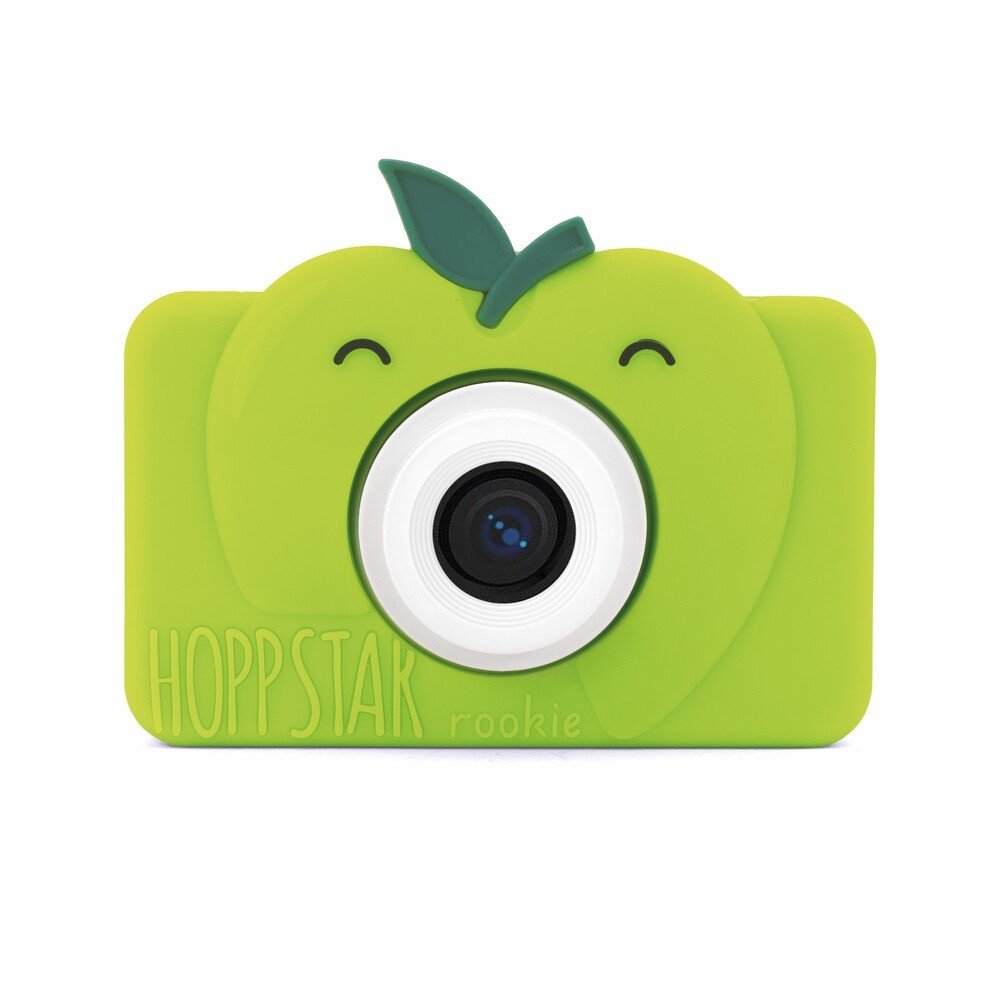 2. Green Hoppstar Rookie kids camera with smiling face design and leaf detail on clean white background