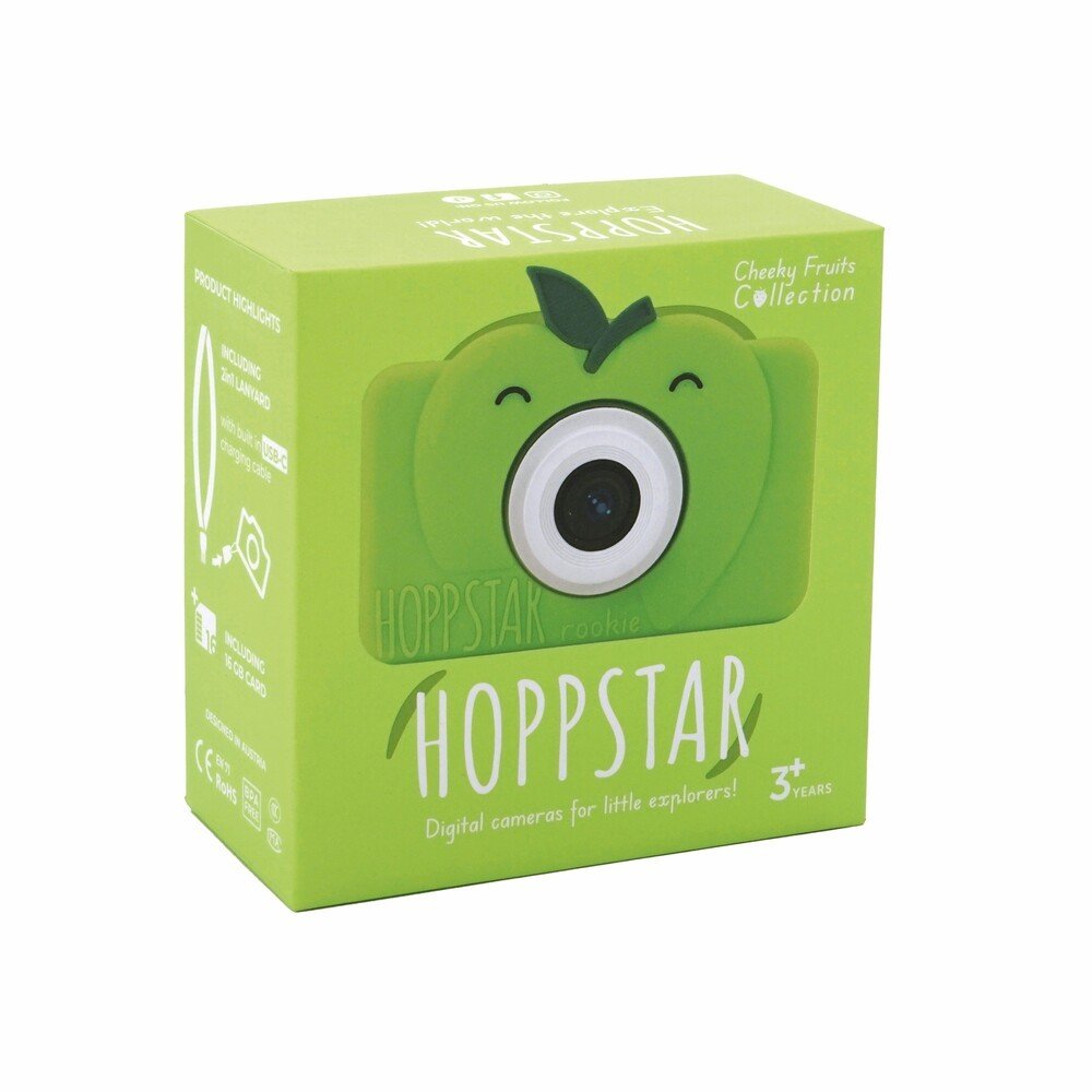 2. Green Hoppstar Rookie camera packaging with smiling face design on clean white background