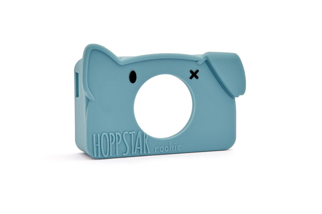 2. Blue silicone case for Hoppstar Rookie camera with ear detail on clean white background