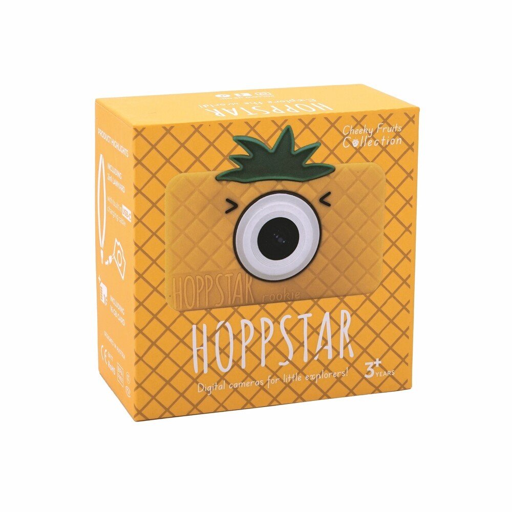 2. Yellow Hoppstar Rookie camera packaging with pineapple design on clean white background