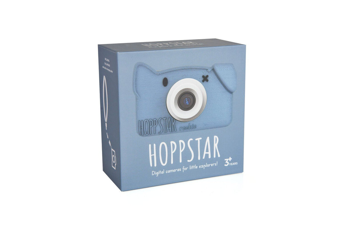 2. Blue Hoppstar Rookie camera packaging with ear design on clean white background