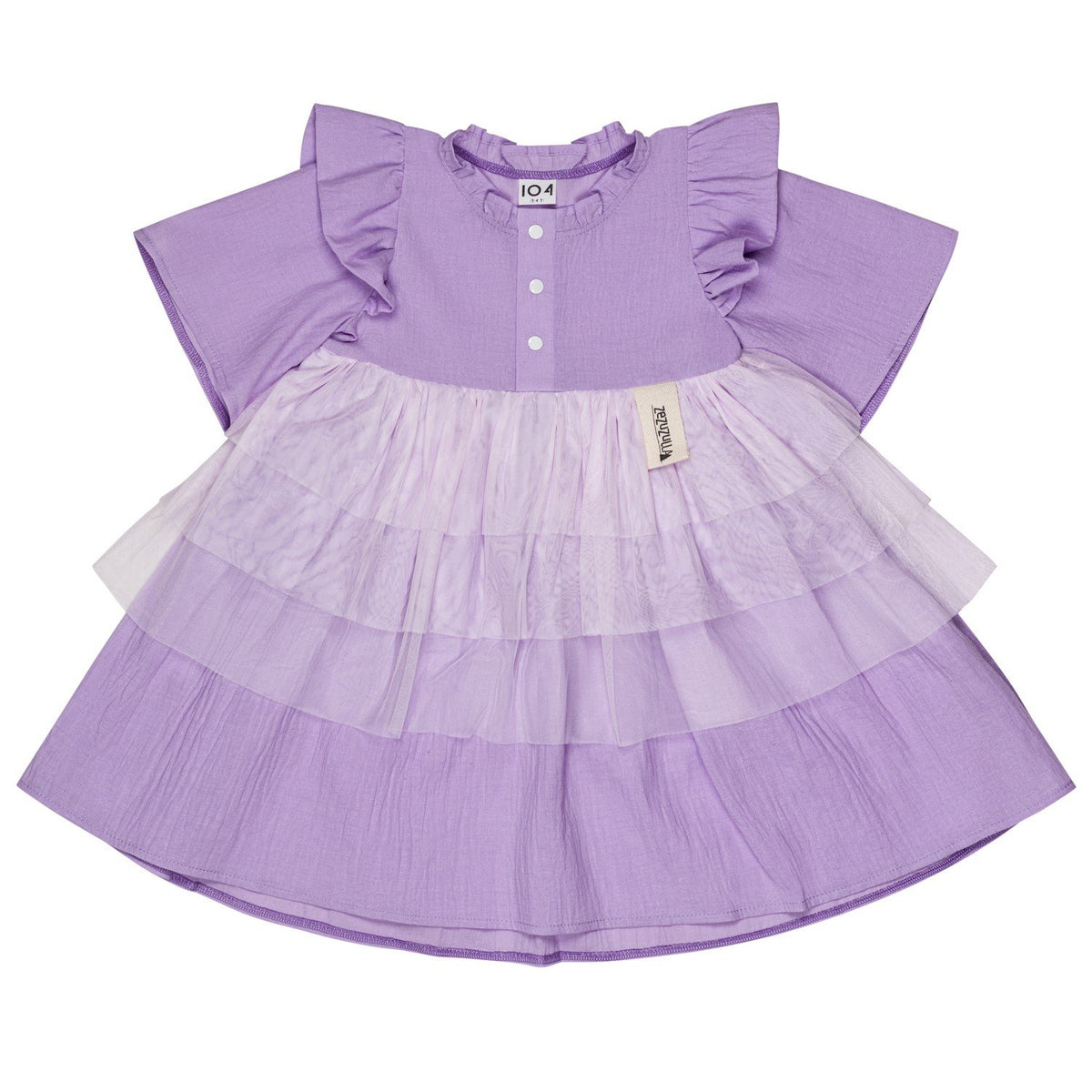 2. Lilac Zezuzulla kids dress with ruffled sleeves and layered skirt, shown flat on white background