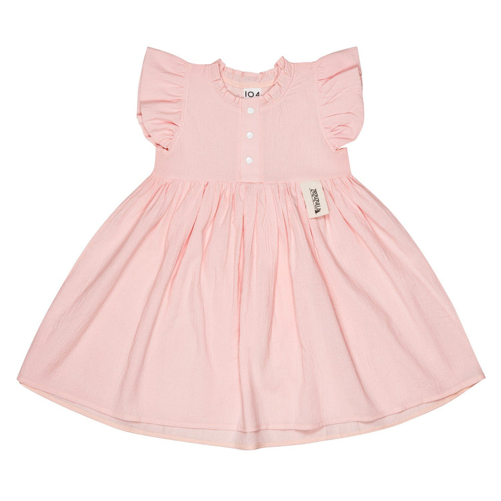 4. Flat lay of peach Zezuzulla dress with ruffled sleeves and front snap buttons on white background