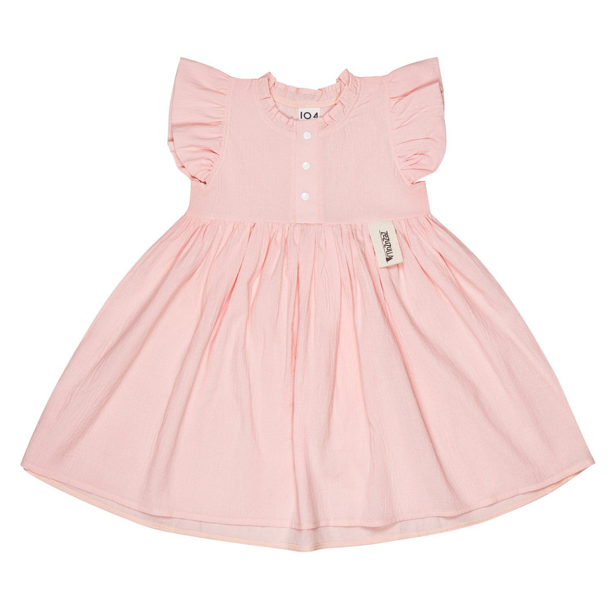 4. Flat lay of peach Zezuzulla dress with ruffled sleeves and front snap buttons on white background