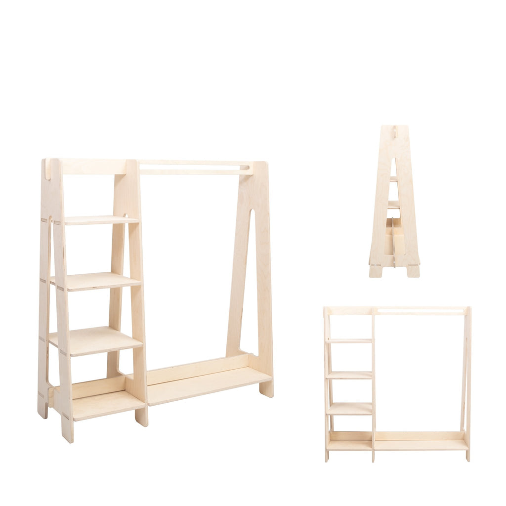 14. Natural wood clothing rack with multiple views on white background