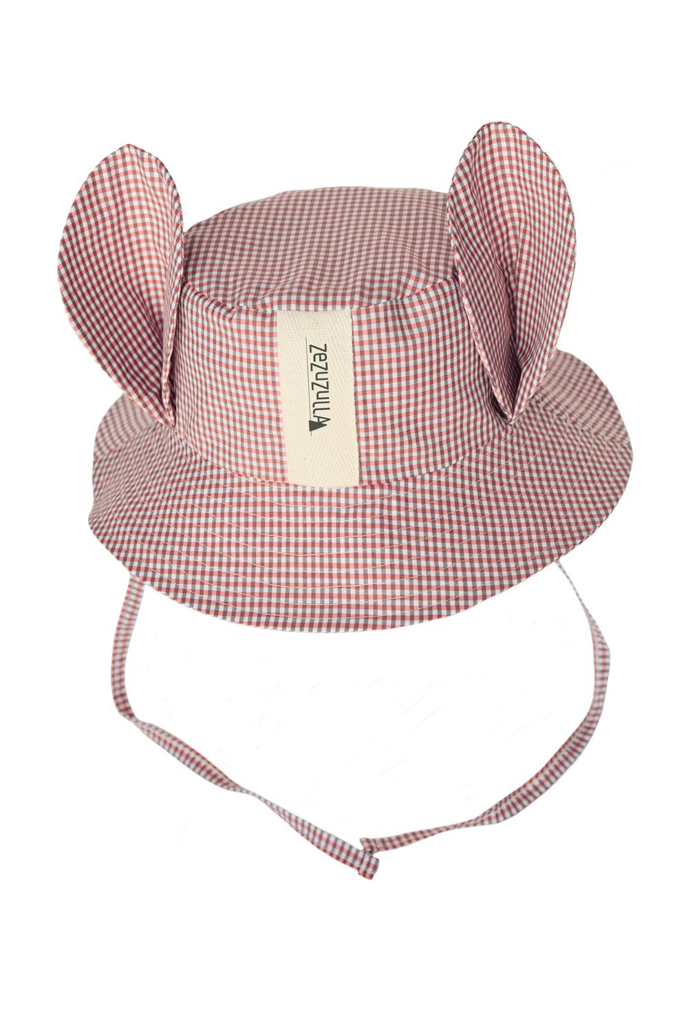 2. Studio shot of Zezuzulla kids chequered hat with wide brim and fabric ears, featuring brand label and soft ties, on a white background