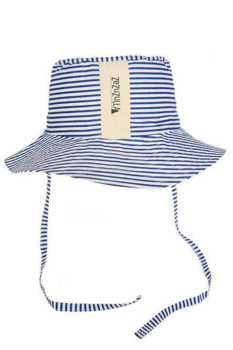 3. Studio shot of Zezuzulla striped bucket hat with fabric ears and ties, on white background