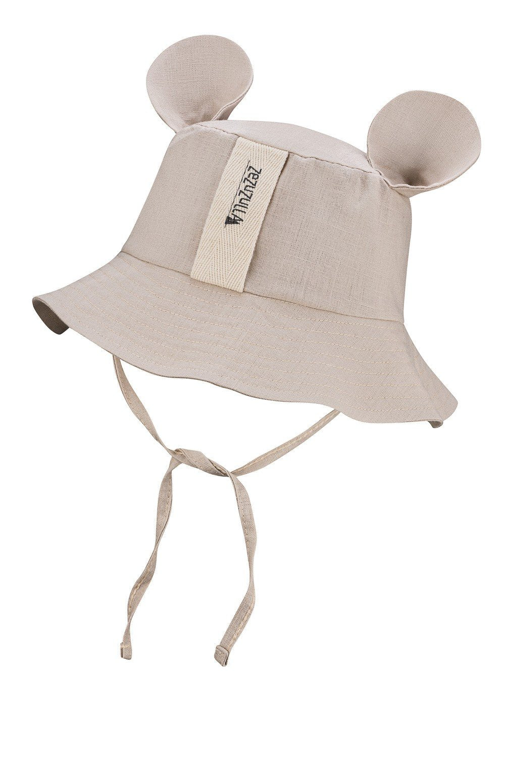 2. Beige kids hat with ears and fabric ties on white background