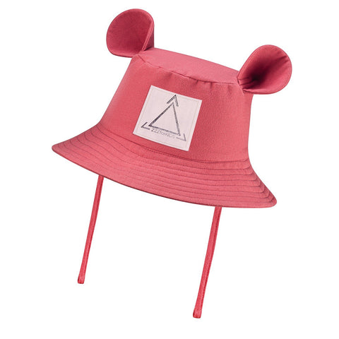 2. Coral kids' bucket hat with playful fabric ears and soft ties, featuring Zezuzulla logo on front, made from 100% OEKO-TEX cotton, shown on white background