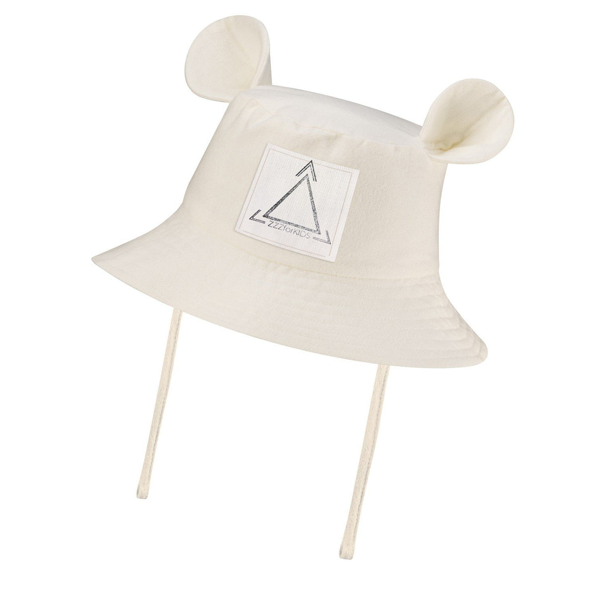 2. Ecru kids' bucket hat with playful fabric ears and ties, featuring Zezuzulla logo on front, made from 100% OEKO-TEX cotton, shown on a white background
