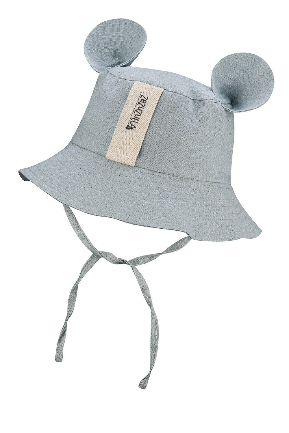 2. Grey kids' hat with ears and fabric ties, featuring Zezuzulla logo on a clean white background