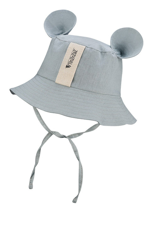 2. Grey kids' hat with ears and fabric ties, featuring Zezuzulla logo on a clean white background