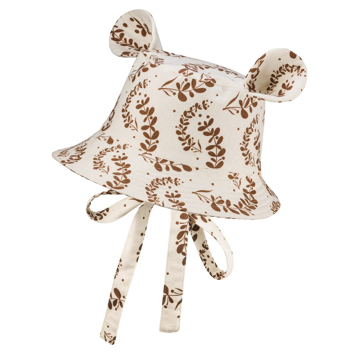 3. Studio shot of Zezuzulla kids hat with ears, featuring brown laurel print on white cotton fabric with ties