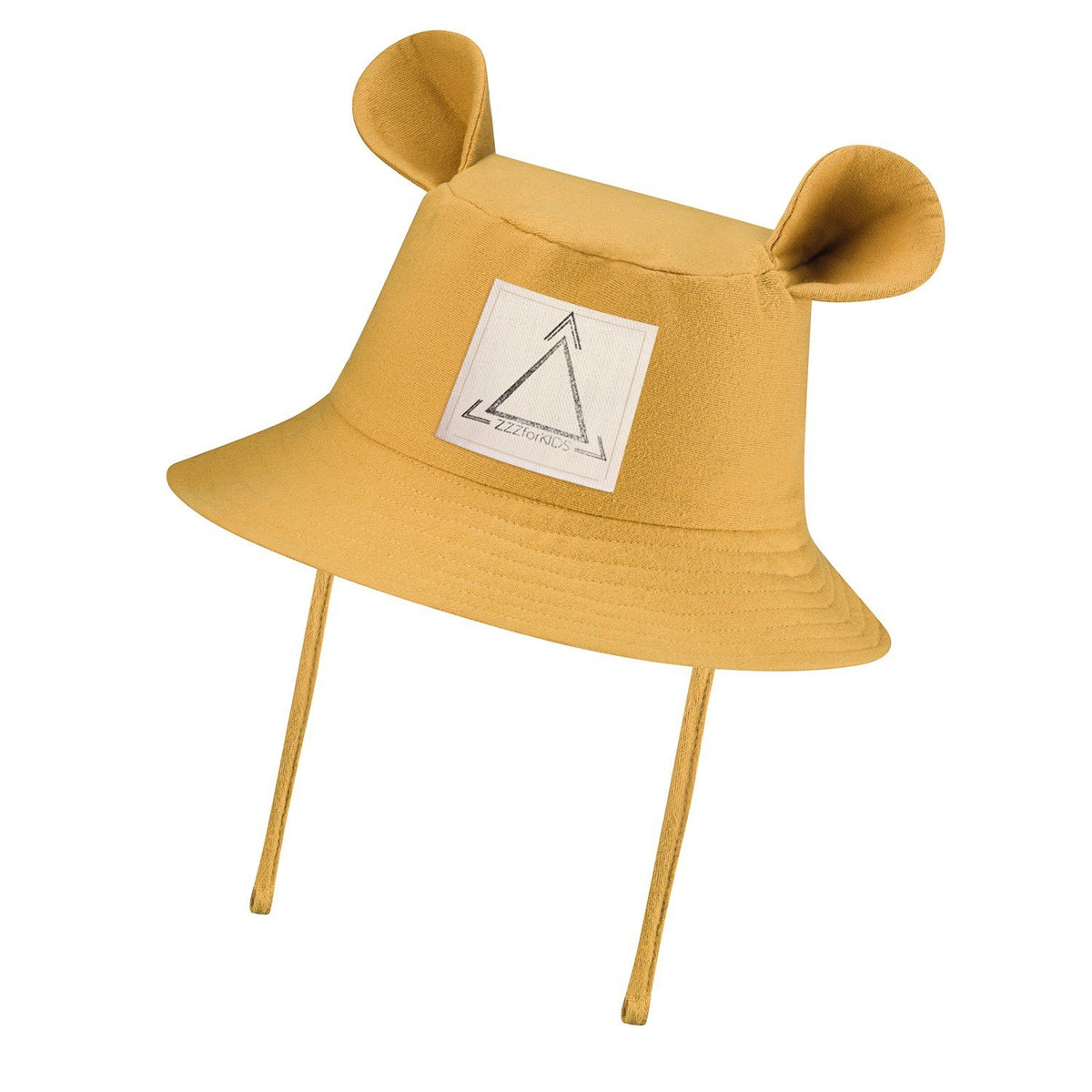 2. Mustard yellow kids' hat with wide brim and fabric ears, featuring Zezuzulla logo patch and soft ties, made from 100% OEKO-TEX cotton.