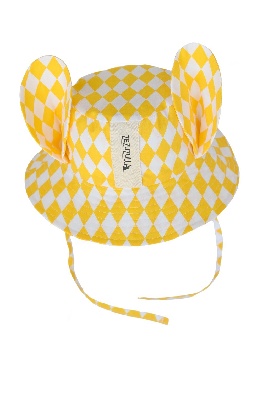 5. Studio shot of yellow and white checkered hat with ears and fabric ties