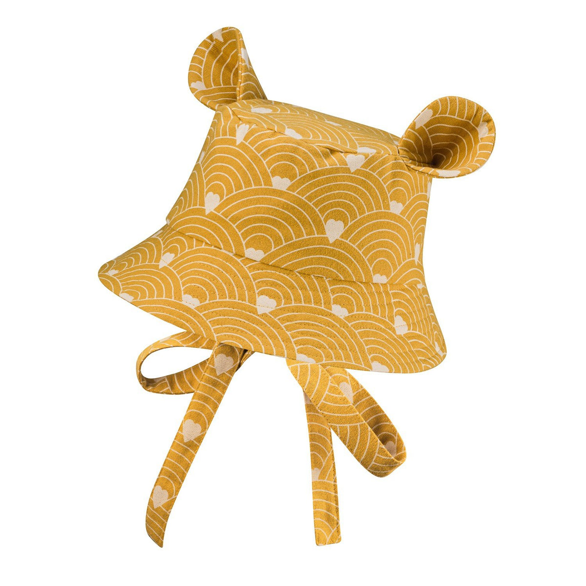 2. Mustard children's hat with ears and wave pattern, shown with fabric ties on white background