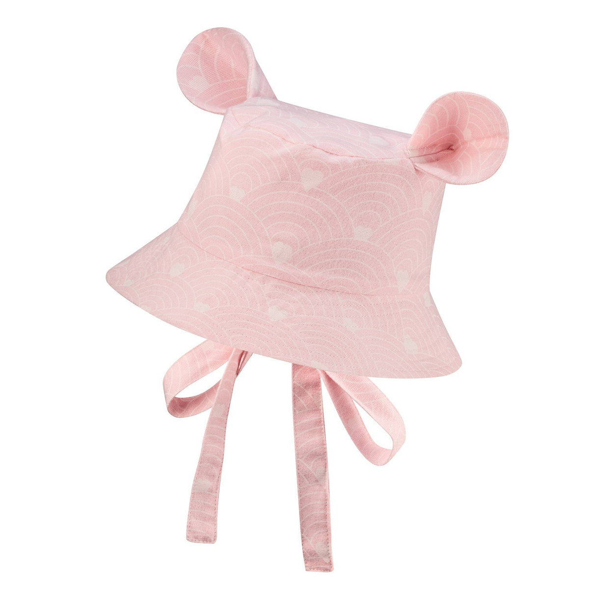3. Studio shot of pink children's hat with ears and wave pattern, showing fabric ties