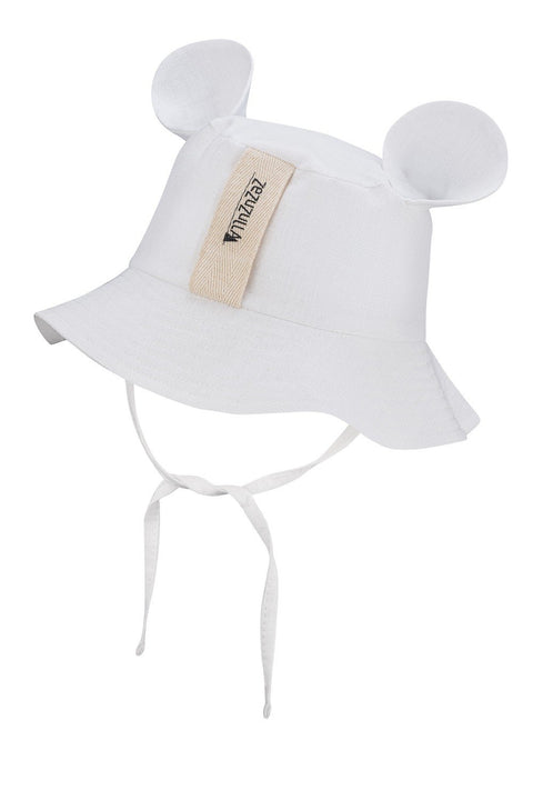 2. White kids' hat with ears and fabric ties on clean background, Zezuzulla logo visible