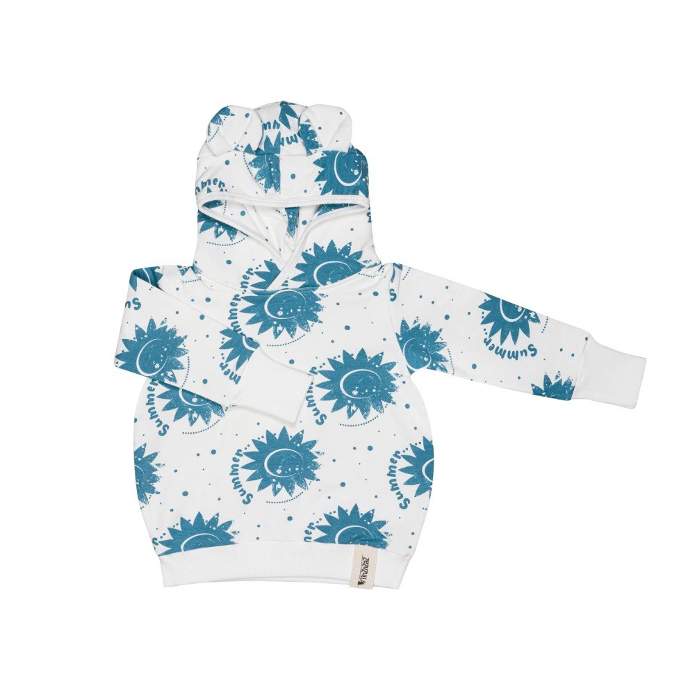 4. Flat lay of kids' ecru hoodie with blue sun print and playful ears on hood, made from soft cotton blend with ribbed cuffs, by Zezuzulla