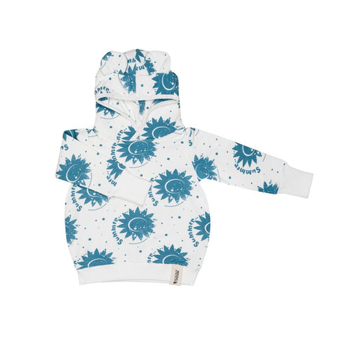 4. Flat lay of kids' ecru hoodie with blue sun print and playful ears on hood, made from soft cotton blend with ribbed cuffs, by Zezuzulla