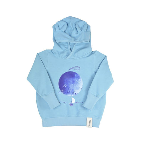 4. Flat lay of kids' blue hoodie with ears and moon print, showing front design and ribbed cuffs