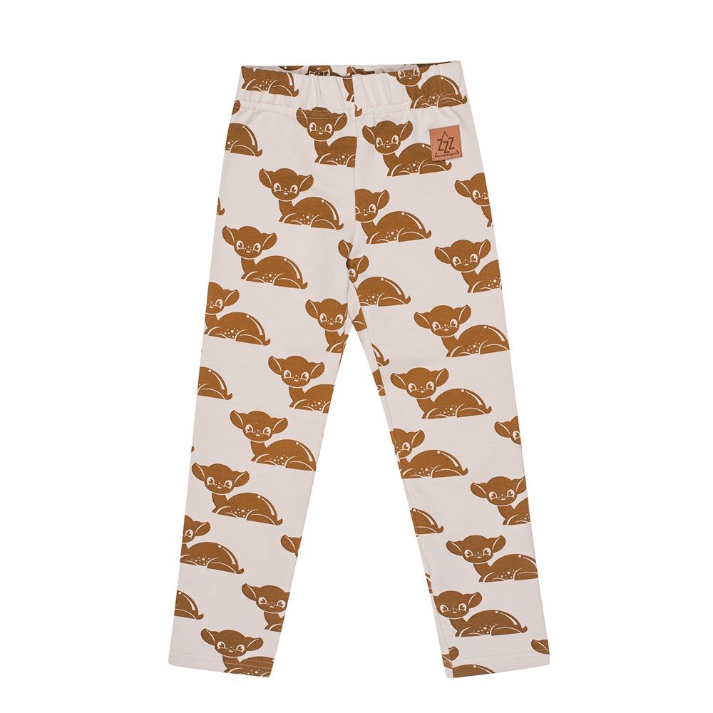 2. Kids' leggings with brown deer pattern on white background, featuring elastic waistband and Zezuzulla logo patch, made from OEKO-TEX cotton and elastane blend.