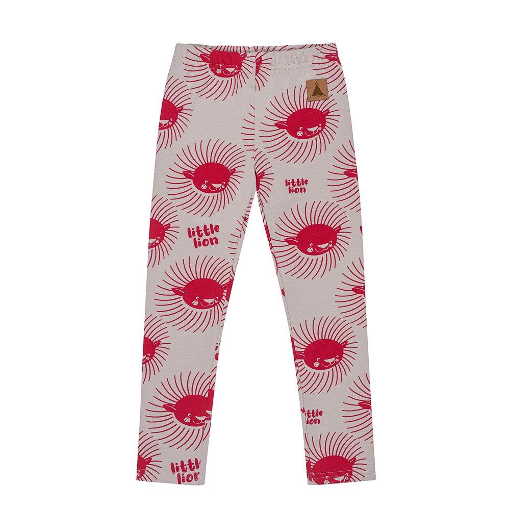 2. Kids' grey leggings with red lion print and 'little lion' text, featuring elastic waistband, made from OEKO-TEX certified cotton by Zezuzulla, shown in studio setting.