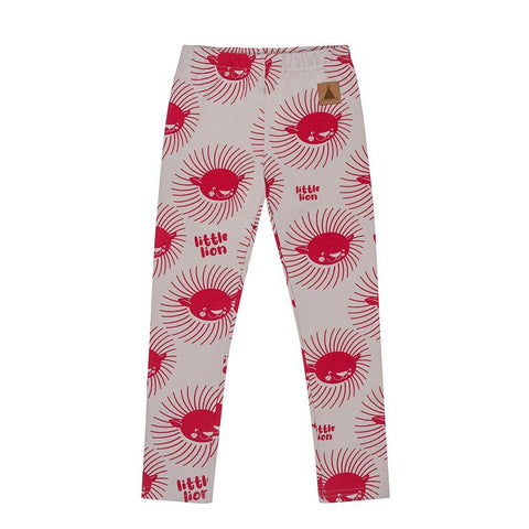 2. Kids' grey leggings with red lion print and 'little lion' text, featuring elastic waistband, made from OEKO-TEX certified cotton by Zezuzulla, shown in studio setting.
