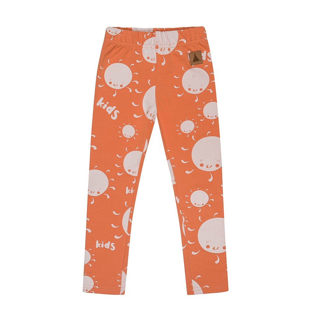 2. Kids' orange leggings with playful white sun pattern and 'kids' text, featuring elastic waistband, made from soft OEKO-TEX cotton blend by Zezuzulla