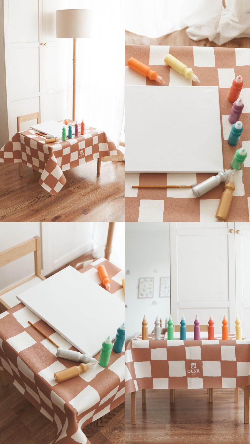3. Close-up of pink and beige checkered mat used as a table cover with colorful paint bottles