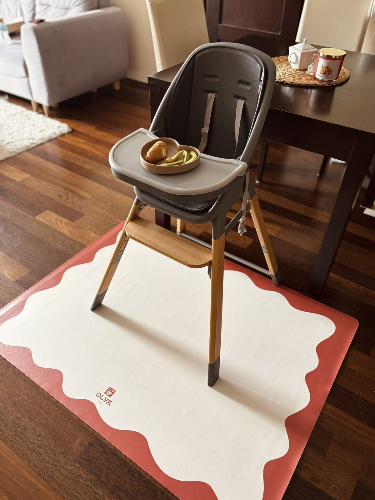 4. High chair with meal setup on OLYA KIDS red-framed non-slip floor mat in living room