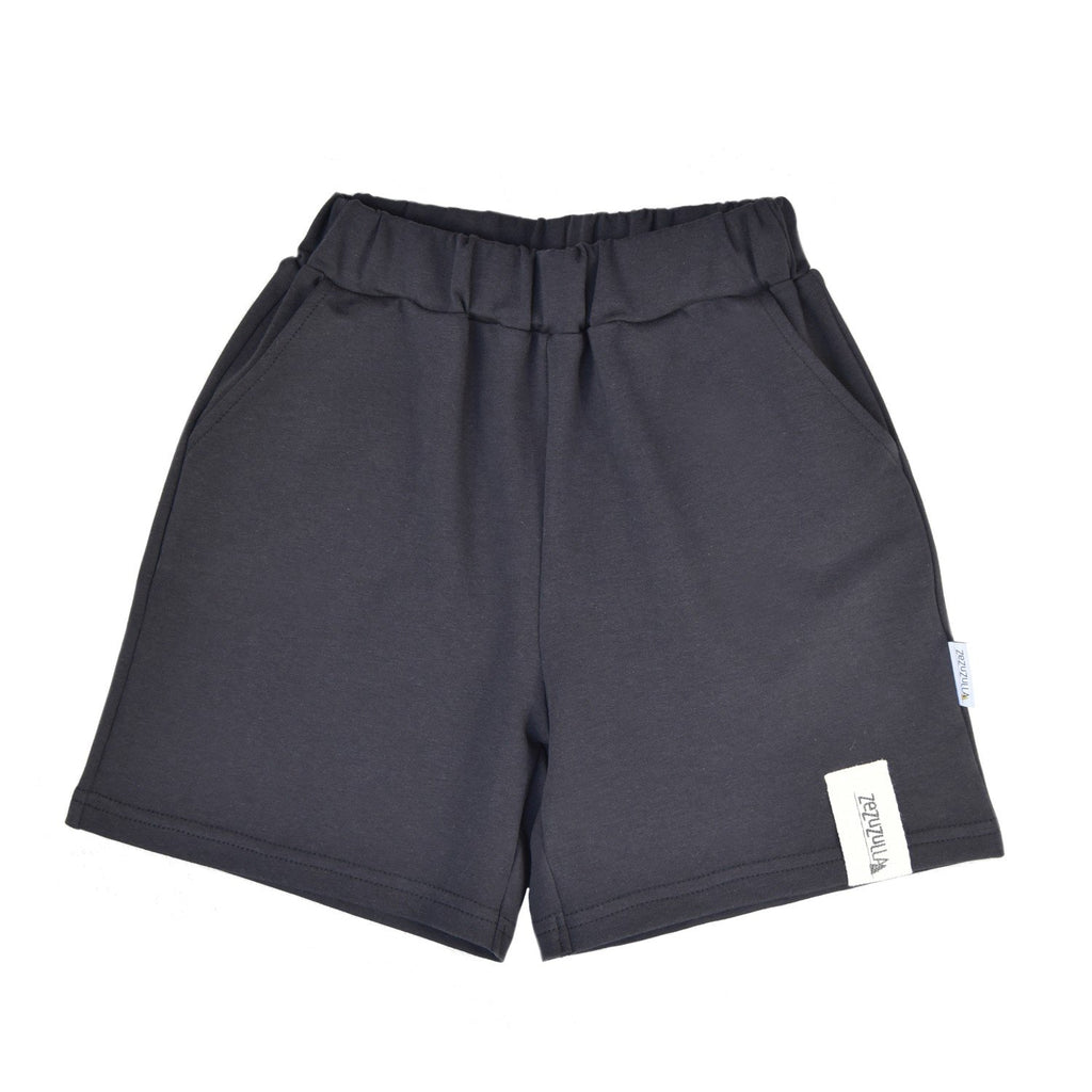 2. Kids' dark antrachite cotton shorts with elastic waistband and pockets, featuring Zezuzulla label, shown in studio setting