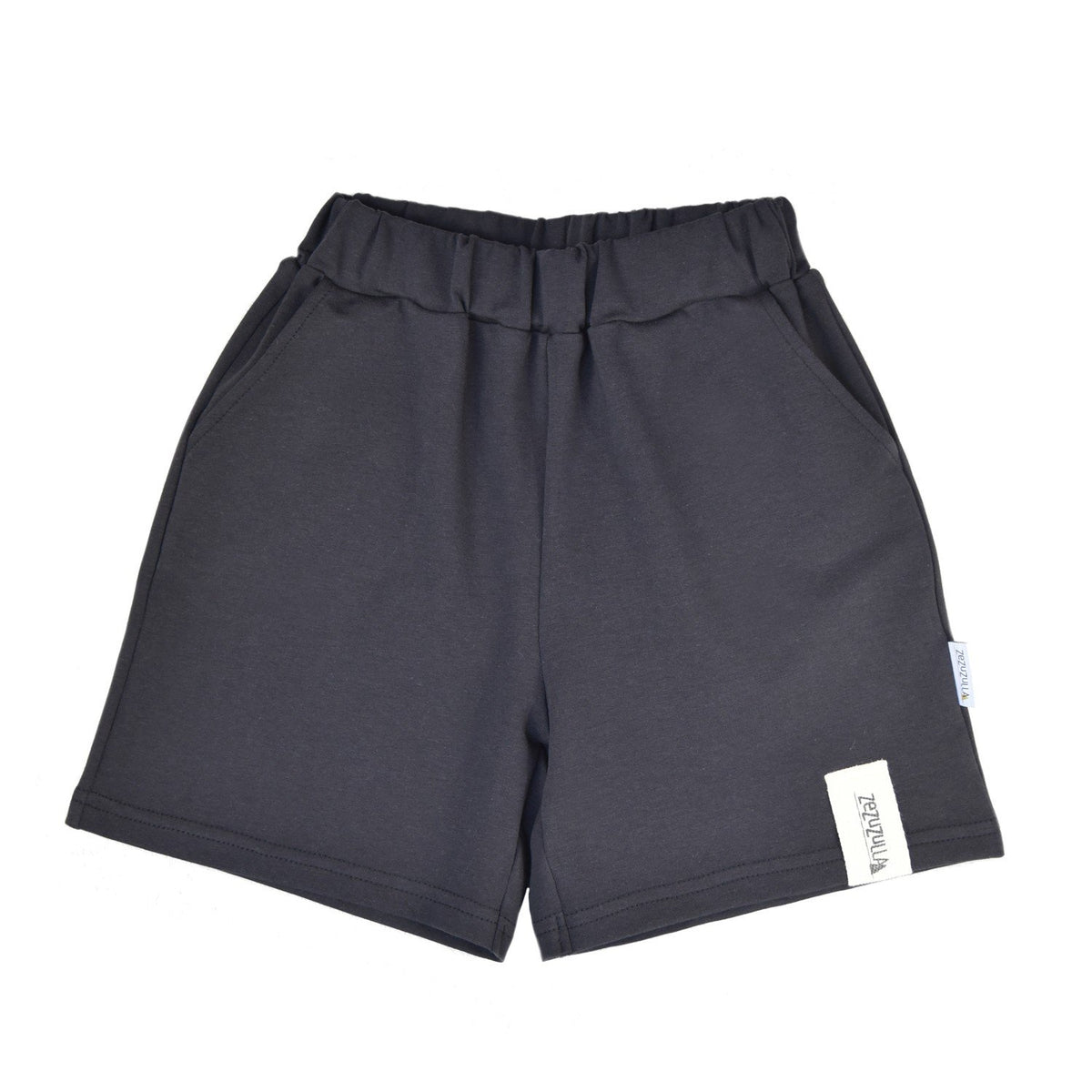 2. Kids' dark antrachite cotton shorts with elastic waistband and pockets, featuring Zezuzulla label, shown in studio setting