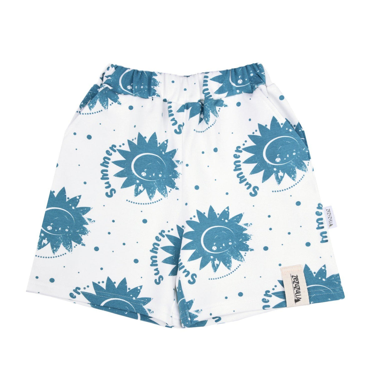 2. White kids shorts with blue sun and 'summer' print on clean background