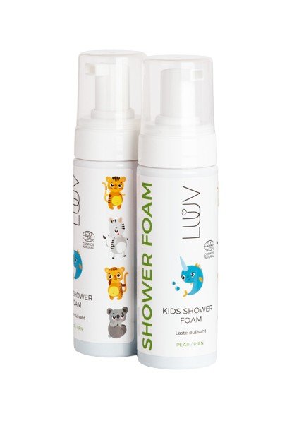 3. Two bottles of LUUV Kid's Shower Foam Pear COSMOS with playful animal designs on white background