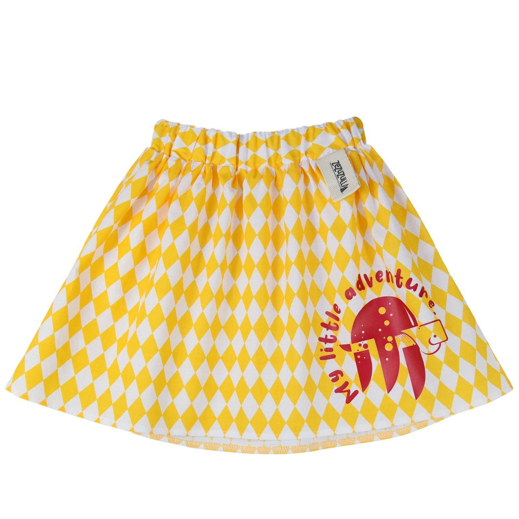 2. Yellow and white diamond-patterned kids' skirt with red turtle print and elastic waistband, shown on white background