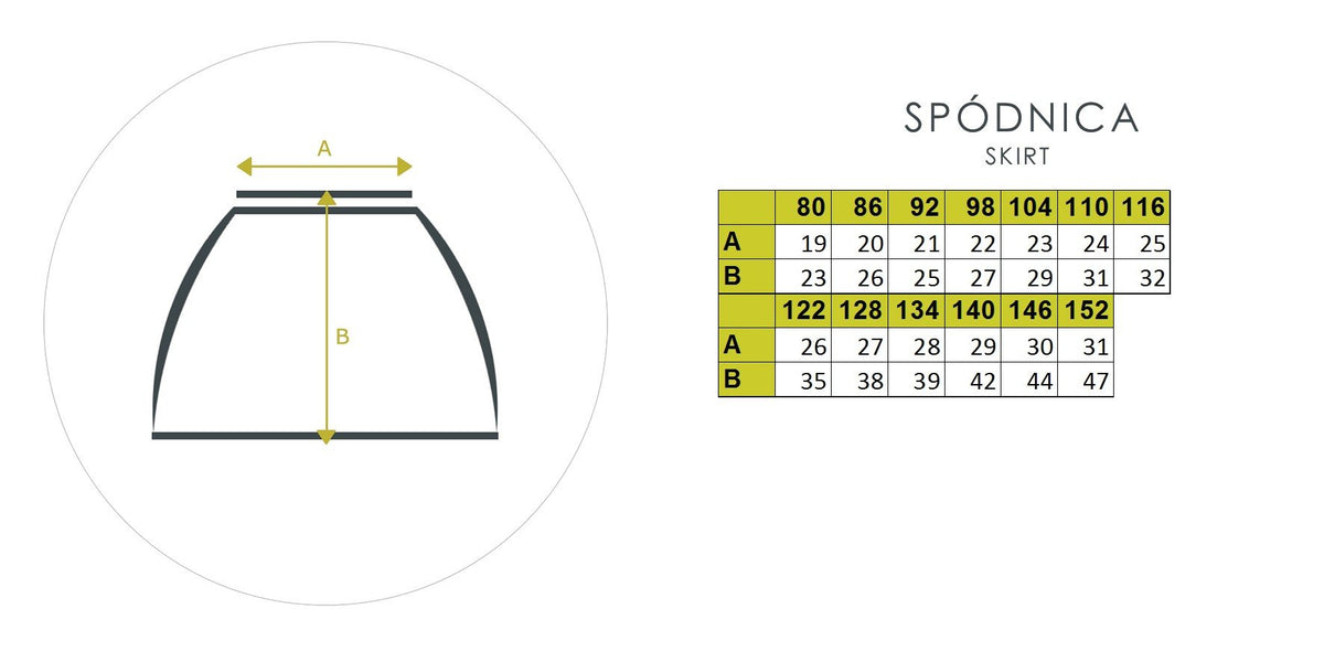 5. Size chart for Zezuzulla kids' skirt showing measurements in centimeters