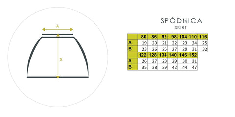 5. Size chart for Zezuzulla kids' skirt showing measurements in centimeters